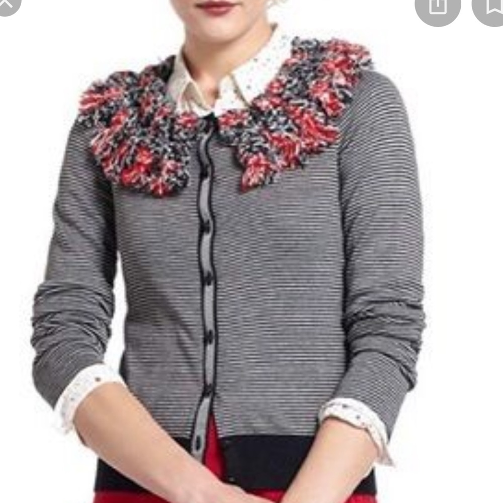 ❤️ ANTHROPOLOGIE; Piled Black/White Stripes w/Pom Poms Cardigan by Karen Nicol S - Picture 2 of 15